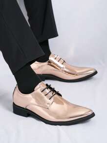 Men's Dress Formal Pointed Toe Lace-Up Patent Leather Shoes - Gold - View 2