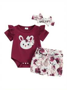 Baby Girls Shorts Set, Short Sleeve Letters Print Romper Striped Shorts With Hairband Easter Outfit