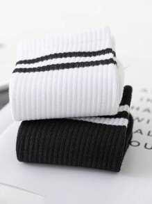 3 双女士鲨鱼设计袜子，条纹和双条图案，中长款，时尚百搭，适合春、夏、秋、冬日常穿着