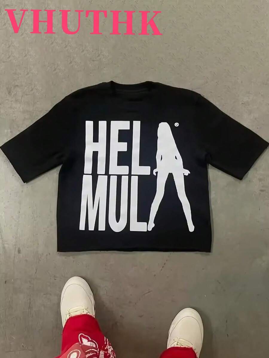 VHUTHK (220 Cotton T-Shirt) Men's Summer Round Neck Short Sleeve Casual Cotton Printed With  Print  Y2k  Style - 黑色 - 查看 1