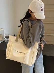 1pc Beige Nylon Casual Tote Bag, Minimalist Design Lightweight Large Capacity Women Shoulder Bag, Suitable For School And University, Multi-Pocket Canvas Handbag, Artistic Style School Bag & Bookbag For Women Or Students, Perfect For Books, Shopping, Back To School And More, Tote Bags For School,College Essentials