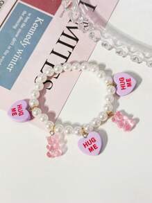 1 件可爱卡通熊心和人造珍珠串珠弹性手链女士 - 愛心小熊串珠手鍊 - 查看 9