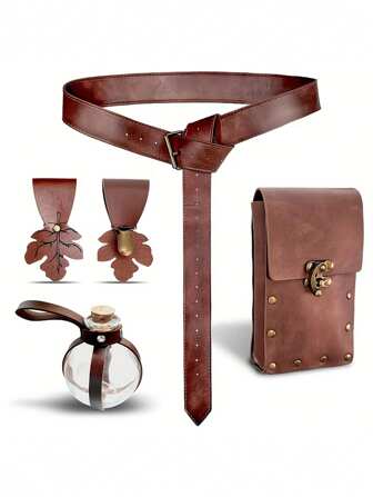 5pcs Renaissance Accessories Costume Women Belt Pouch Medieval Viking Potion Bottles PU Leather Belt Leaf Skirt Hikes Halloween
