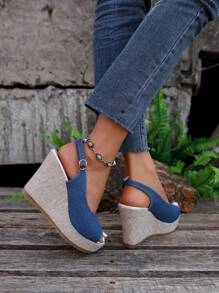 New Korean Style Summer Sexy Comfortable Open Toe Wedge Heel Waterproof Platform Increased-Height Espadrille Blue Women Sandals