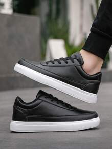 Men's Solid Color Basic Low-Top Casual Sneakers, Teenagers' Daily Commute Versatile PU Shoes, Suitable For Outdoor Sports, Casual Wear, All Seasons, Gender Neutral Plus Size Couple Shoes - Black - View 8