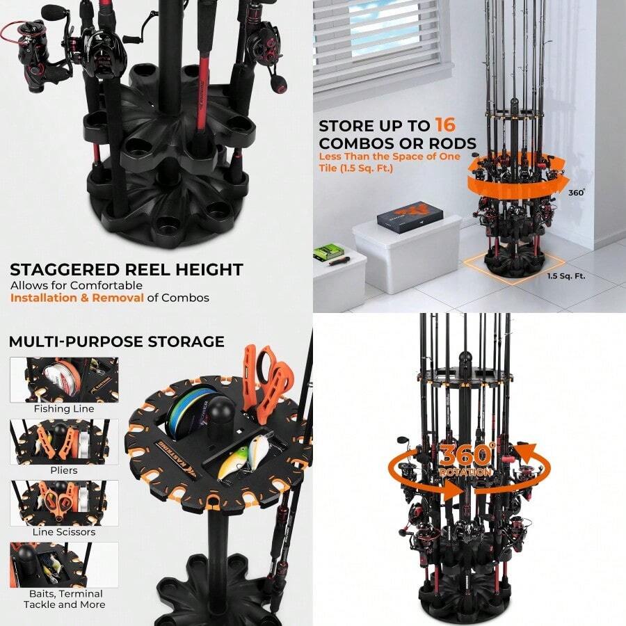 Soporte para varillas de pesca KastKing V16 con base giratoria - Soporte para varillas de pesca que sostiene hasta 16 varillas o combos de pesca, de construcción ligera y duradera en ABS, soporte para varillas de pesca ahorra espacio para el garaje - Estándar 1 - Ver 1