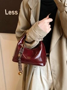 新款时尚小丑纯色PU防水手提包，字母图案装饰，拉链封口，方形托特包，酒红色，吊坠装饰，可调节肩带，适合购物，时尚酒红色包包