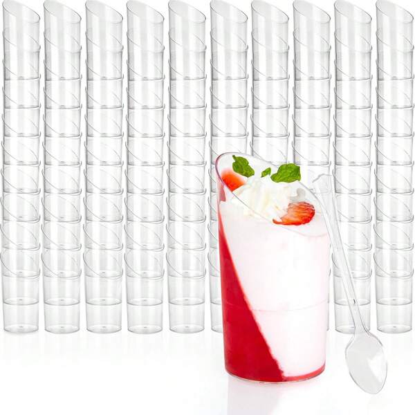 10/20/30/40/50 2.5oz/75ml Dessert Cups With Spoons - Clear Reusable Small For Cheesecake Shooters, Chocolate Mousse, Parfait - Party And Catering Supplies - Slanted Back To School