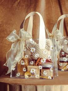 1/5/10pcs Thickened Transparent Pvc Gift Bag,Handbag,Women Tote Bag,Daisy Flower Printed Gift Packaging Bag,Wedding Gift Handbag,Shopping Bag, Gift Packaging Bag, Party Holiday Decor, Daily Storage Bag,Suitable For Shopping, Wedding, Birthday Party, Souvenir, Etc(2 Sizes Available)