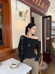 黑色修身露肩长袖T恤，春季叠穿上衣 - 黑色 - 查看 2