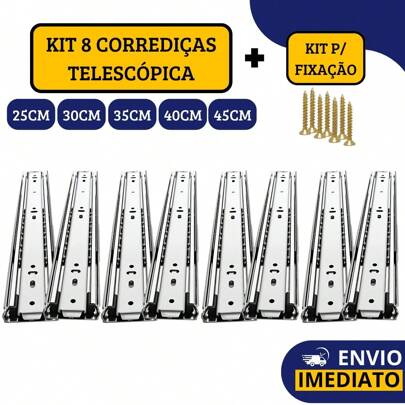 Kit 8 Corrediças Gaveta Trilho Telescópica Light COM Parafusos | 25cm - 30cm - 35cm - 40cm - 45cm