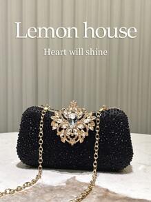 1 pieza de bolso de noche elegante de lujo con pedrería y brillo azul marino, bolso de mano de moda con cierre de pedrería, adecuado para banquetes, fiestas, bodas, galas, regalo ideal para - Negro - Ver 4
