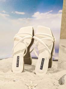 planare Women's Beige Tie-Up Flat Sandals, Square Open Toe Slides, Criss-Cross Strap Design, Comfortable Beach Shoes/Slippers, Casual Easy-To-Wear Shoes, Bohemian Style Casual Mules, Easy To Wear For Formal Occasions, Comfortable And Lightweight, Non-Slip Rubber Sole, Suitable For Long-Time Walking And Work, Can Be Paired With T-Shirts, Dresses, Bikinis, Swimwear And Other Casual Outfits, Ideal For Long-Distance Walking And Commuting, Essential Summer Sandals - Beige - View 4