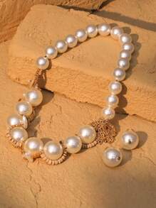 Set de 3 piezas de collar y aretes tejidos con perlas falsas, elegante y apropiado para uso diario, fiestas, regalo para mamá