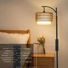Floor Lamps For Living Room, Arc Standing Lamp With Remote & Dimmable Bulb, Boho Rattan Floor Lamp For Bedroom With 3 Color Temperatures, Farmhouse Tall Lamp, Height Adjustable Stand Up Lamp - 美規A型插(110-127V) - 查看 7
