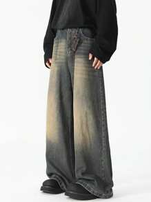 Teen Boys' Loose Fit Pocketed Wide Leg Casual Denim Jeans