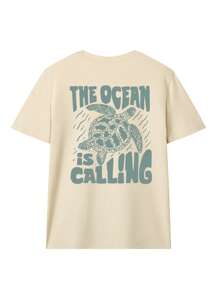 女士夏季度假海洋生物字母印花圆领T恤，图案T恤，白色、黑色、粉色