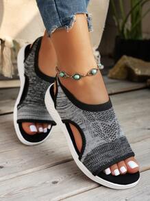 Plus Size Women's Casual & Sports Breathable Slip-On Sandals, Lightweight, Comfortable, Fashion Knitted Mesh Versatile Shoes - Grey - View 3