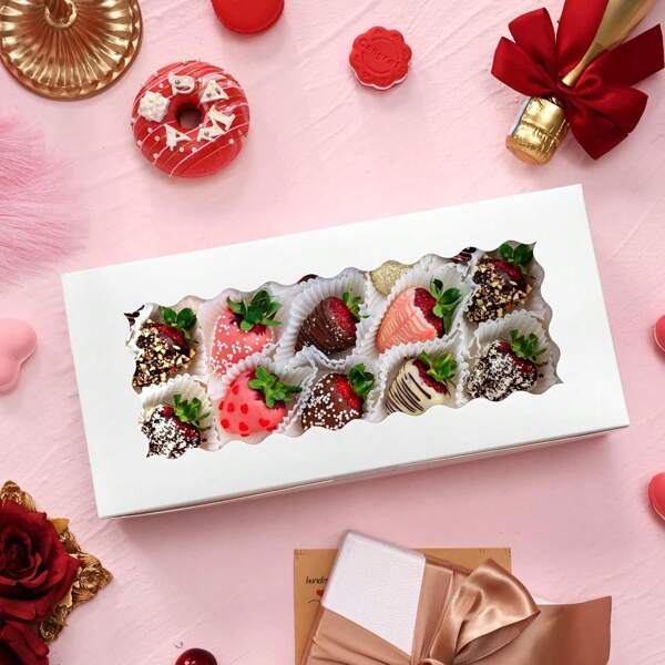 20 pezzi, scatole per biscotti bianche con finestra, scatole da forno con finestra per dolci, 12,5 x 5,5 x 2,5 pollici, scatole per fragole ricoperte di cioccolato, scatole per dolci, forniture da forno per pasticcini, dessert, ciambelle, muffin
