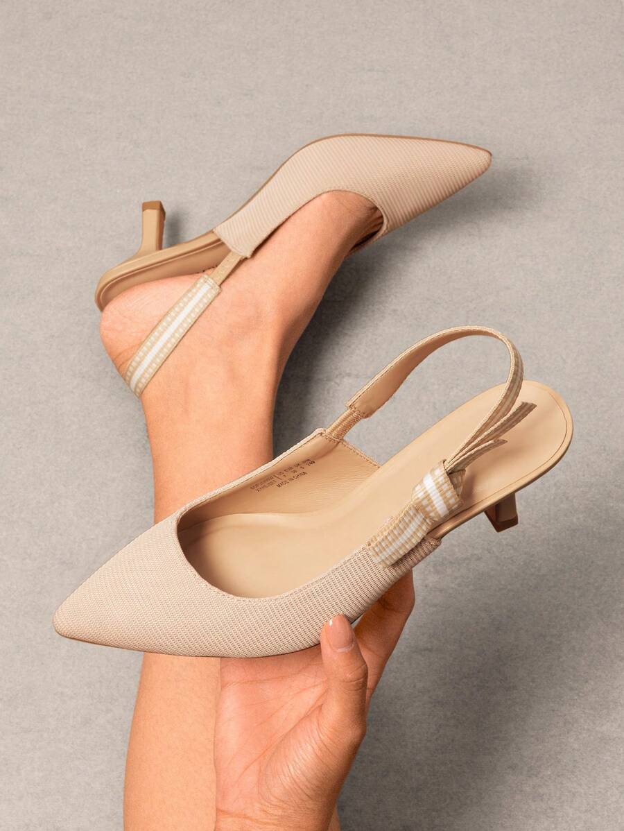 Women's Slingback Kitten Heel Pumps Pointed Toe Slip-On Bow Casual Elegant Fashionable Wedding Dress Shoes - 杏色 - 查看 1