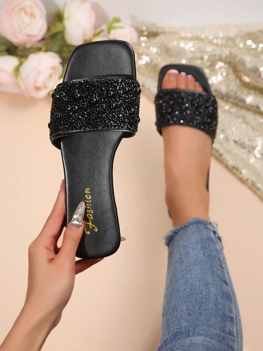 Sandalias planas para mujer de talla grande, estilo vacacional, estilo casual de verano, versátiles con rhinestones, tipo slip-on