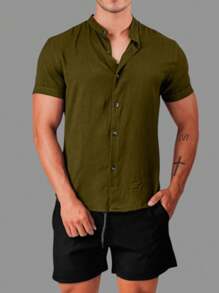 Men's Formal Shirt With Priest Collar, Short Sleeve, Linen Look - xanh quân đội - Xem 3