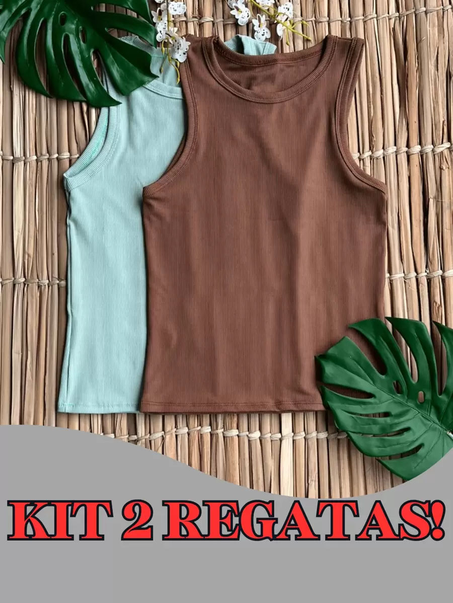 Kit 2 Women's Plain Ribbed Tank Top Basic T-Shirt Casual Sleeveless Blouse - 綠色/棕色 - 查看 1