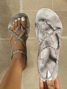 planare Women's Flat Thong Sandals, Round Toe Woven Strap, Retro Style Sandals, Elastic Strap Design,Spring Summer Outfits - Grey - View 7