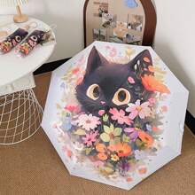 1pc Floral Cat Cartoon Pattern Foldable Umbrella, Sun-Proof & Rainproof Dual Use Automatic Open Close Portable Umbrella, Suitable For Students & Women Summer Cooling, Beach, Travel