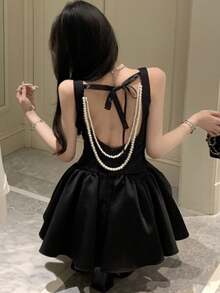 Summer Elegant Black Graduation Evening Party Dress Fashion Pearl Chain Backless Wedding Guest Travel Short Dresses Women Princess Tutu Clothes - View 3