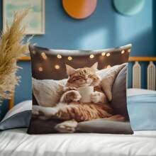 MEMNUN 1个17.7*17.7英寸（45*45厘米）/19.69*19.69英寸（50*50厘米）/15.75*15.75英寸（40*40厘米）[单面印花]涤纶抱枕套，猫咪喝咖啡图案，适用于家居、卧室、沙发、汽车装饰，日常使用或高端简约自用。[不含枕芯]