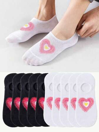 1/3/5/10 双女士袜子 船袜 彩色心形图案转印黑白袜子 白袜子 可爱女孩袜子 黑袜子 适合度假、运动、休闲、商务、户外旅游等各种日常穿着