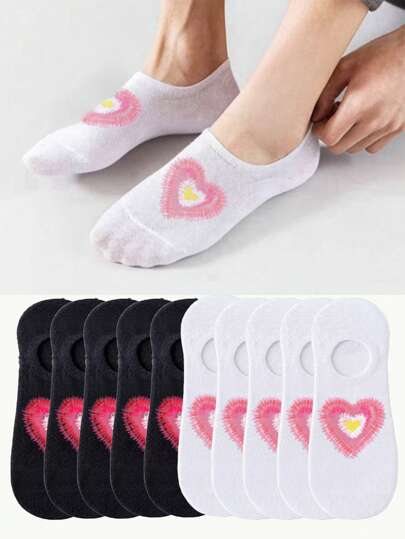 1/3/5/10 双女士袜子 船袜 彩色心形图案转印黑白袜子 白袜子 可爱女孩袜子 黑袜子 适合度假、运动、休闲、商务、户外旅游等各种日常穿着