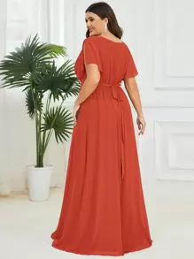 EVERPRETTY Elegant V-Neck Ruffle Flare Sleeve Floor-Length Burnt Orange Bridesmaid Dress, Spring/Summer Wedding Guest Dress - Burnt Orange - View 3
