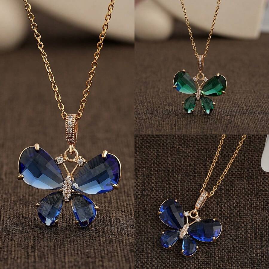 新款时尚优雅多色水晶蝴蝶吊坠项链，方晶锆石不锈钢颈链 - 节日及周年纪念礼物 - 蝴蝶型 - 查看 1