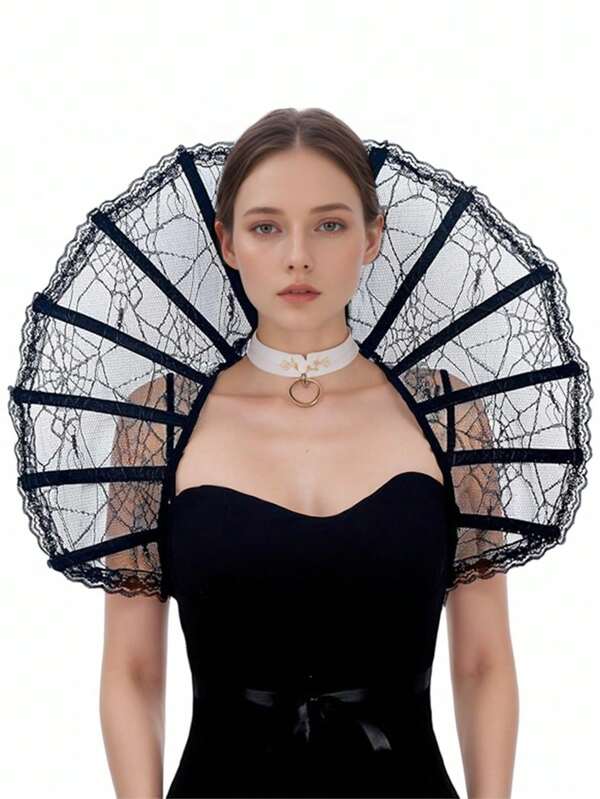 Dark Gothic Style Tied Cloak, Embroidered Fan-Shaped Mesh Cloak With Spider Web Pattern Black Themed Role-Playing Props And Accessories Halloween