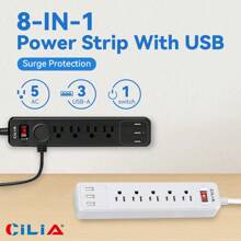 CILIA 1 件 8 孔插座电源扩展器带电涌保护器，5 AC 和 3 USB，带开关 4.9 英尺电缆，壁挂式办公室，旅行，黑色/白色