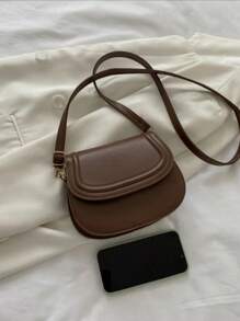 时尚纯色迷你马鞍斜挎包，压纹设计，简约风格女士手提包 - 咖啡 - 查看 6