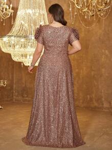 UNITHORSE Plus Deep V-Neck Princess Sleeve Ruched Sequin Embellished Long Dress, Evening Party Gown, Wedding Guest Dress, Formal Dress, Fall Women Clothes - 咖啡棕 - 查看 2