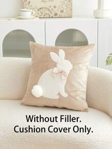 1pc Easter Beige Bunny Embroidery Cushion Cover, For Indoor Decoration, Pom Pom & Bow Decor Easter Pillow Cover, Insert Not Included - Camel - View 5