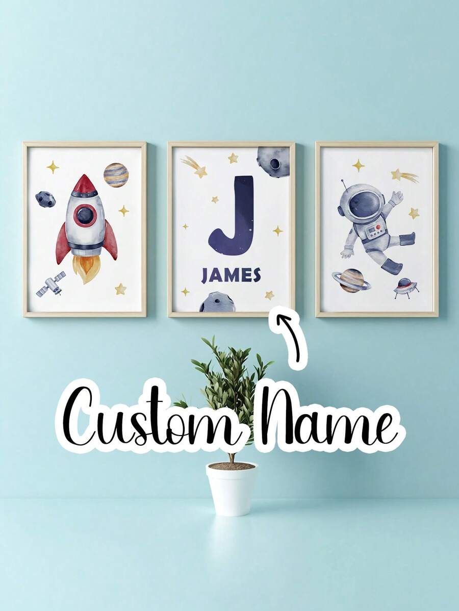 3pcs Customized Morpholume Frameless Children Poster, Rocket Space Astronaut Theme Wall Art Print, Personalized Name Plate, Decor For Boys & Girls Room, Gallery Wall Art, Neutral Bohemian Style, Kids Bedroom Home Decor, Back To School - Multicolor - View 1
