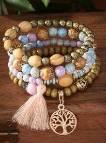 4pcs/Set Boho Multilayer Wooden & Glass Beaded Bracelets With Tassel, Life Tree & Butterfly Pendants, Suitable For Everyday Wear