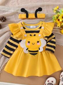 Conjuntos de falda de otoño para niñas pequeñas, mono con mangas voladoras, vestido con tirantes y bordado de abeja/escarabajo, conjuntos de diadema - Amarillo - Ver 5