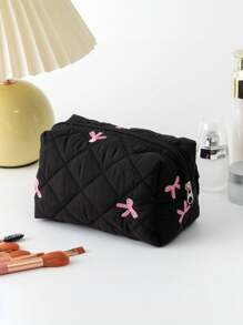 Fresh And Simple Series, New Embroidered Bow Quilted Storage Bag, Cute Ladies Cosmetic Bag, Used For Cosmetics, Headphones, Data Cables, Change, Stationery Storage, Suitable For Students And College Students Cosmetics Items Storage Belongings, Travel Shopping And Business Trips, The First Choice For Holiday Gifts