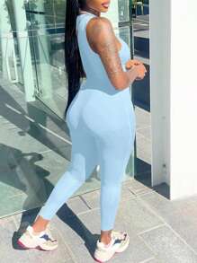 EARO Women's New Fashion Jumpsuit, Casual Splice Sleeveless High Waist Elastic Fitted Sports Romper - 淺藍色 - 查看 2