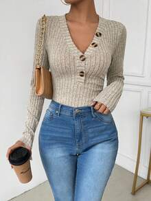 European&American Spring Autumn New Women Fuzzy Ribbed Solid Color Slim Fit Long Sleeve Bodysuit - Khaki - View 5