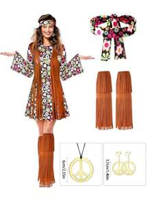 6pcs Vintage Hippie Performance Costume Set, 60s 70s Floral Print Dress + Full Accessories, Suitable For Halloween Party, Christmas Party, Carnival Party, Festival Gift, Party Outfit, Festival Costume, Floral, Retro, Adult Women - Brown Vest - View 1