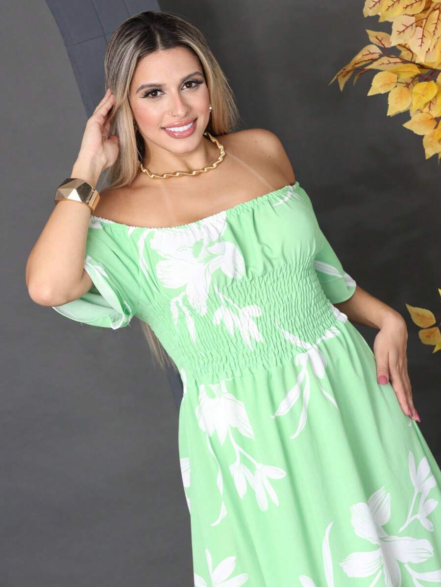 WOMEN'S LONG MIDI DRESS WITH PUFFED SLEEVES, RUFFLED, OFF-THE-SHOULDER, TRES MARIAS FLORAL - Mint Green - View 1