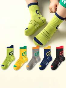 5 Pairs Kids Boys Letter Print Crew Sports Socks, Vivid Colors, Soft & Comfortable For Sports - Multicolor - View 2