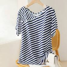 YUXIN 春夏女式上衣，波点条纹拼接，不对称设计，百搭短袖T恤，休闲百搭 - 藍色 - 查看 7